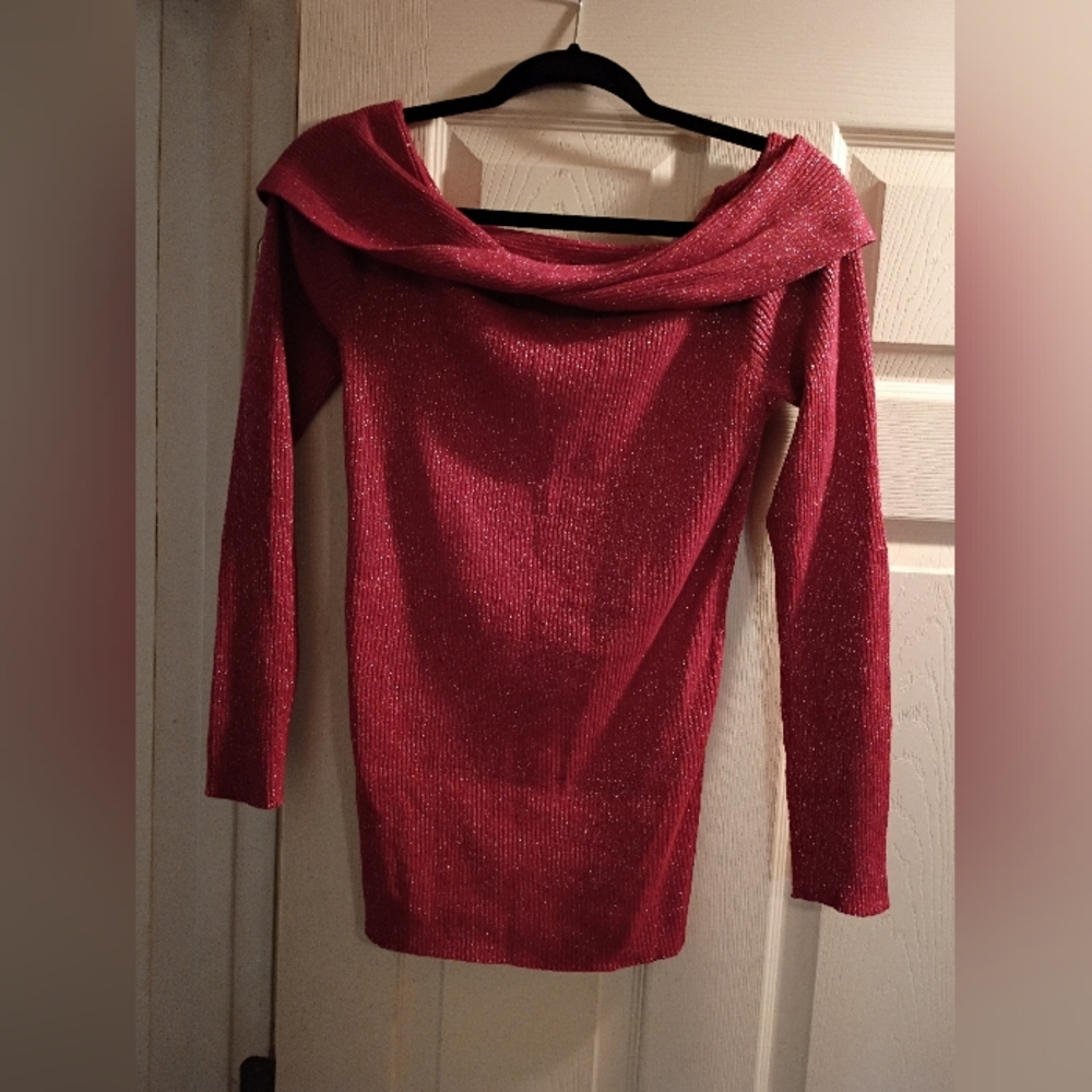 NWOT Venus Shimmering Red Off-Shoulder Sweater With Twisted Neckline